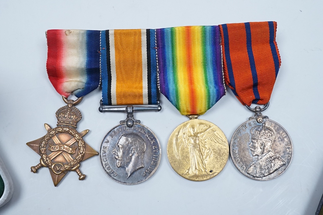 A First World War medal group awarded to 16507 GNR. W.H. Meadows. R.G.A., comprising the medal trio together with the London Fire Brigade 1911 Coronation Medal, plus a London County Council King’s Medal with a clasp for
